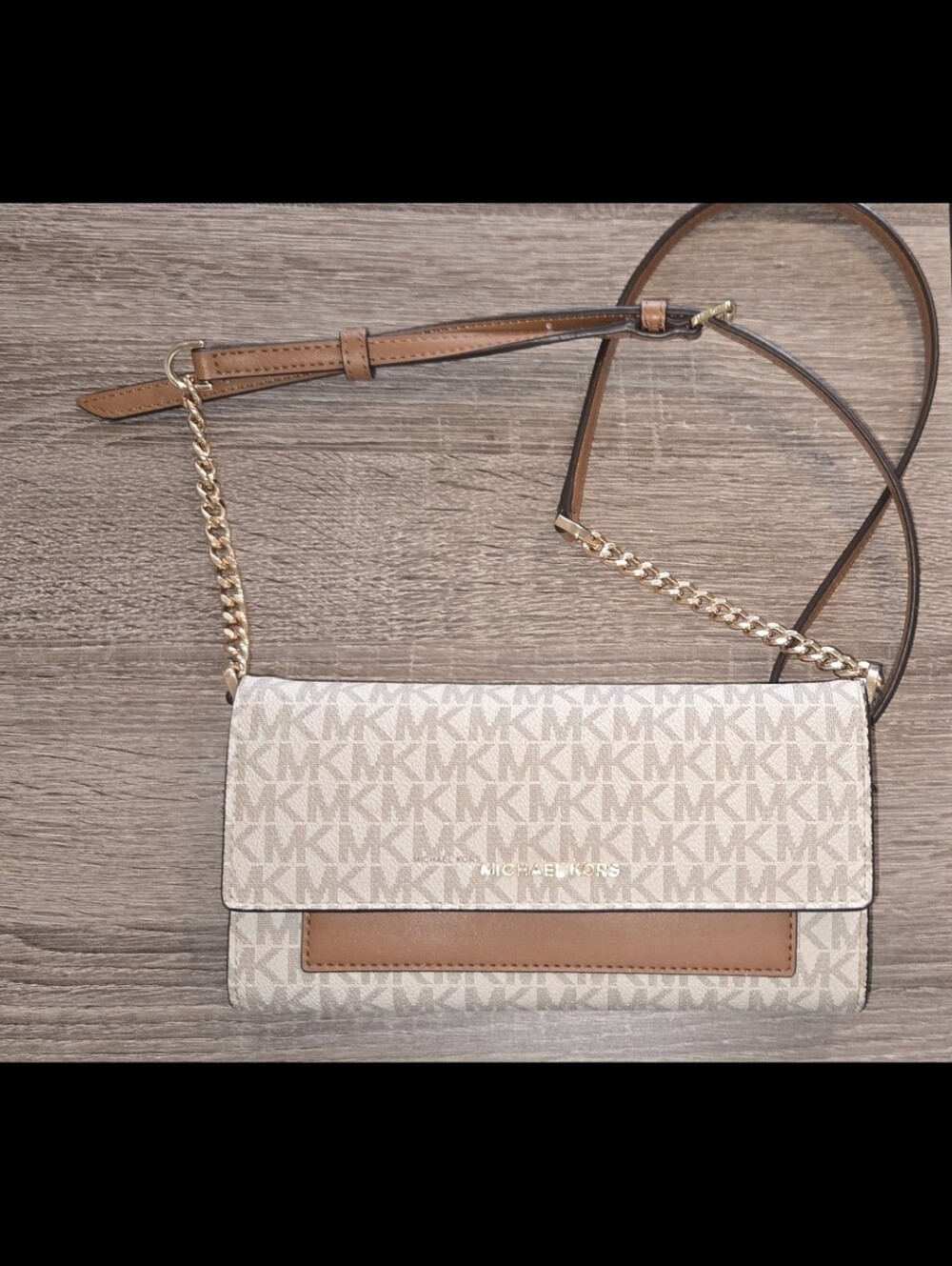 Michael Kors Beige Logo and Tan Leather Shoulder Bag